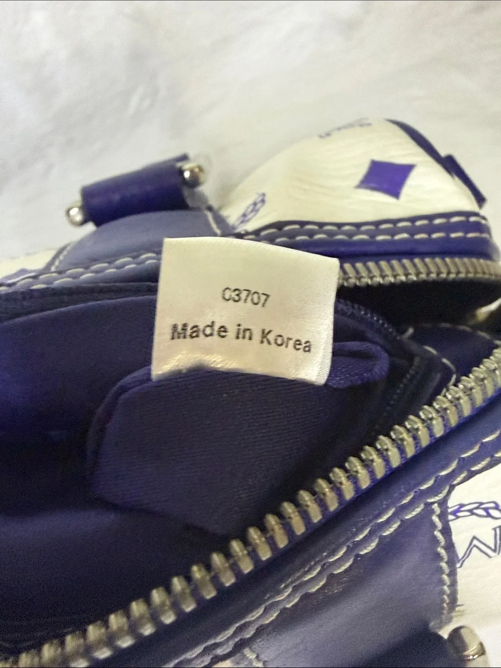 MCM White & Purple Visetos Boston Satchel with Silver Hardware